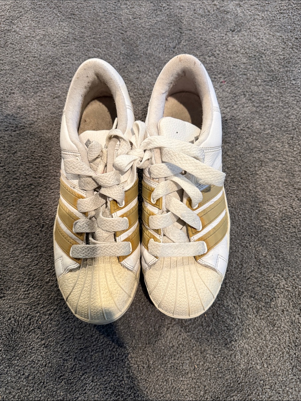 adidas White Sneakers with Gray/Brown Stripes - Women's Classic Shell-Toe